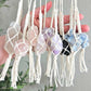 Macrame wrapped crystal rear view mirror charm.