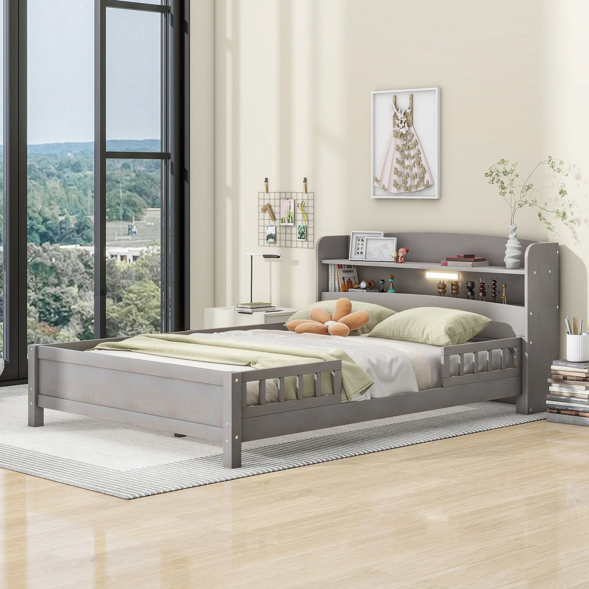 Wood Full Size Platform Bed With Built-in LED Light