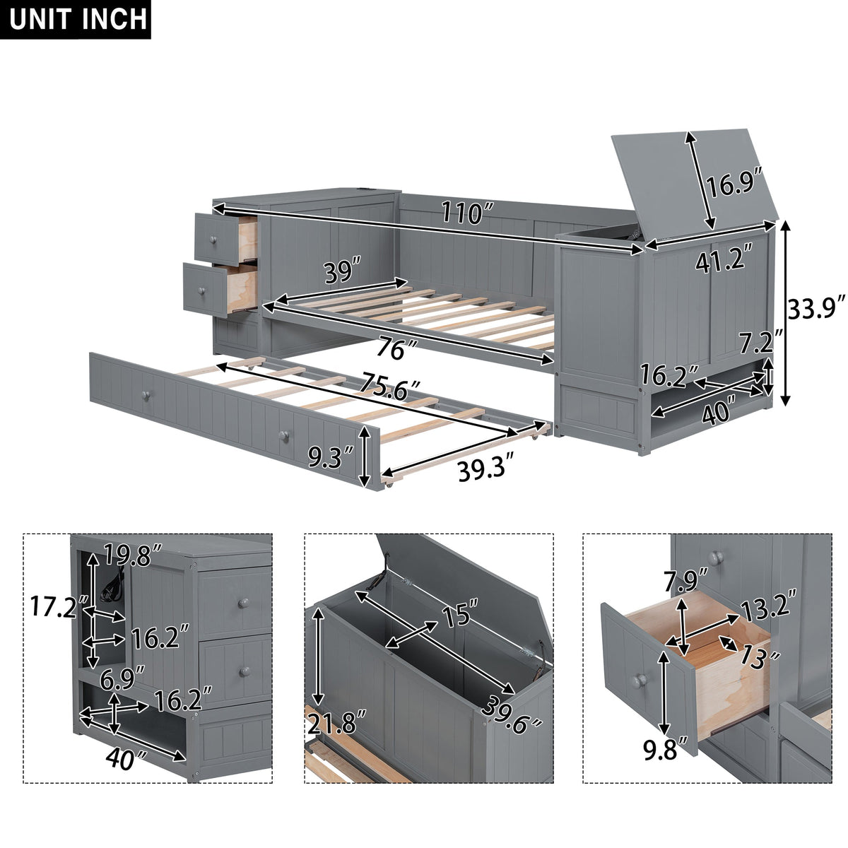Twin Size Daybed with Storage Arms, Trundle and Charging Station