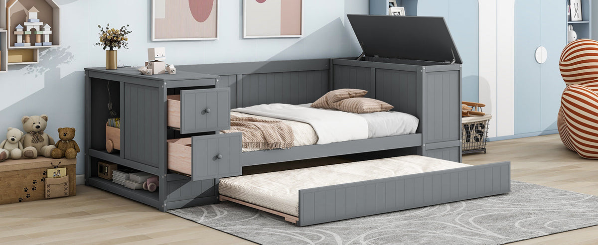 Twin Size Daybed with Storage Arms, Trundle and Charging Station