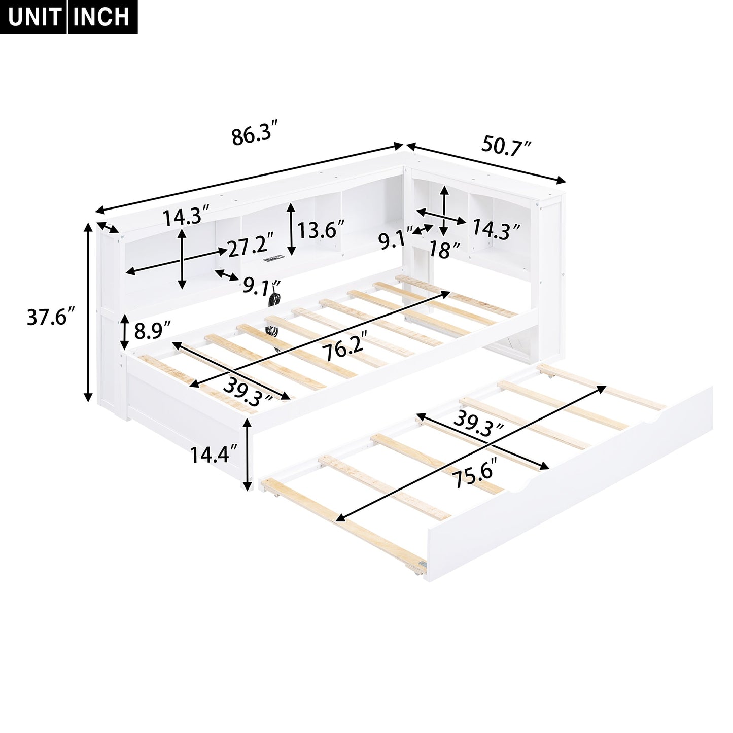 Twin Size Daybed With Trundle, Storage Cabinets & USB Ports