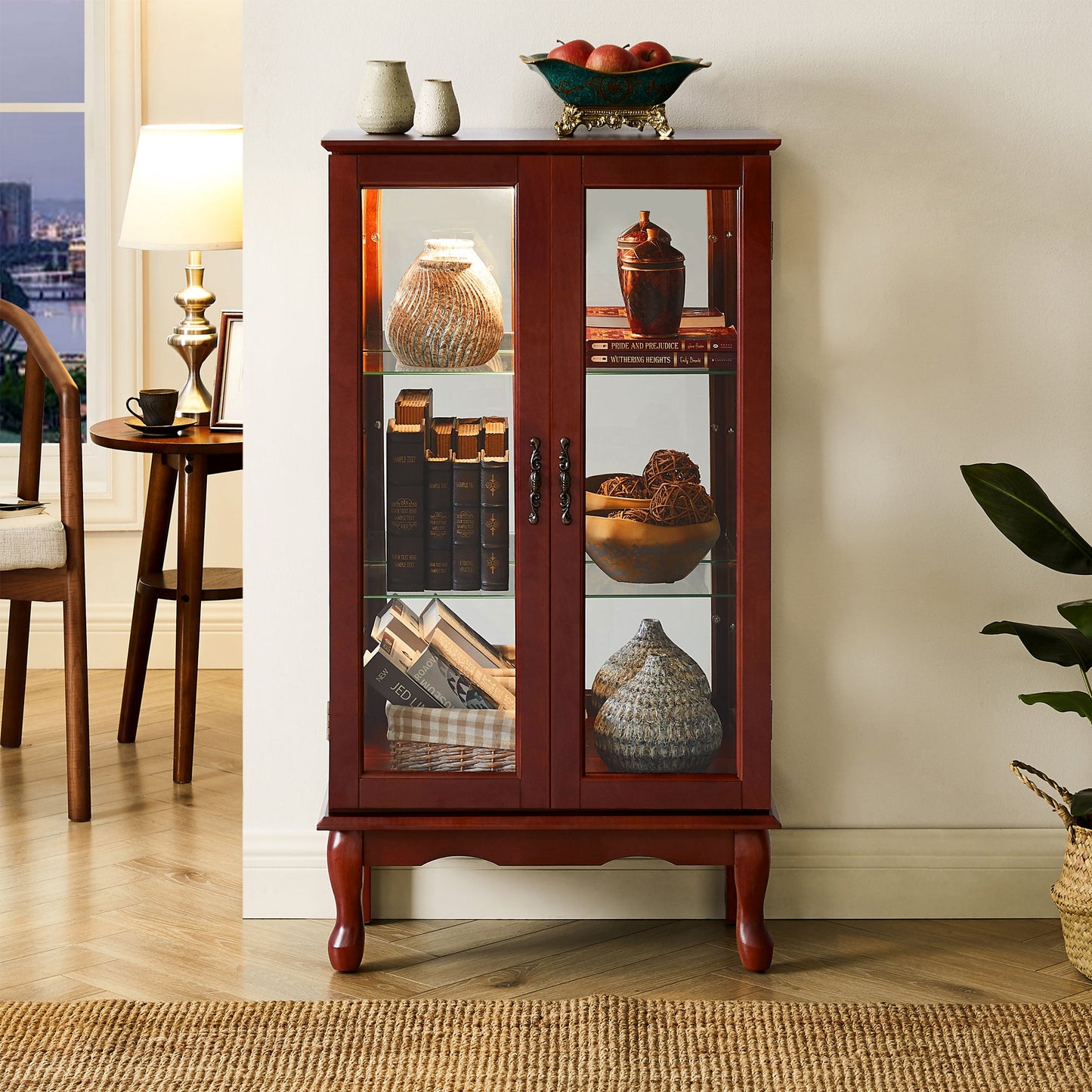 Lighted Cherry Curio Cabinet with Adjustable Shelves