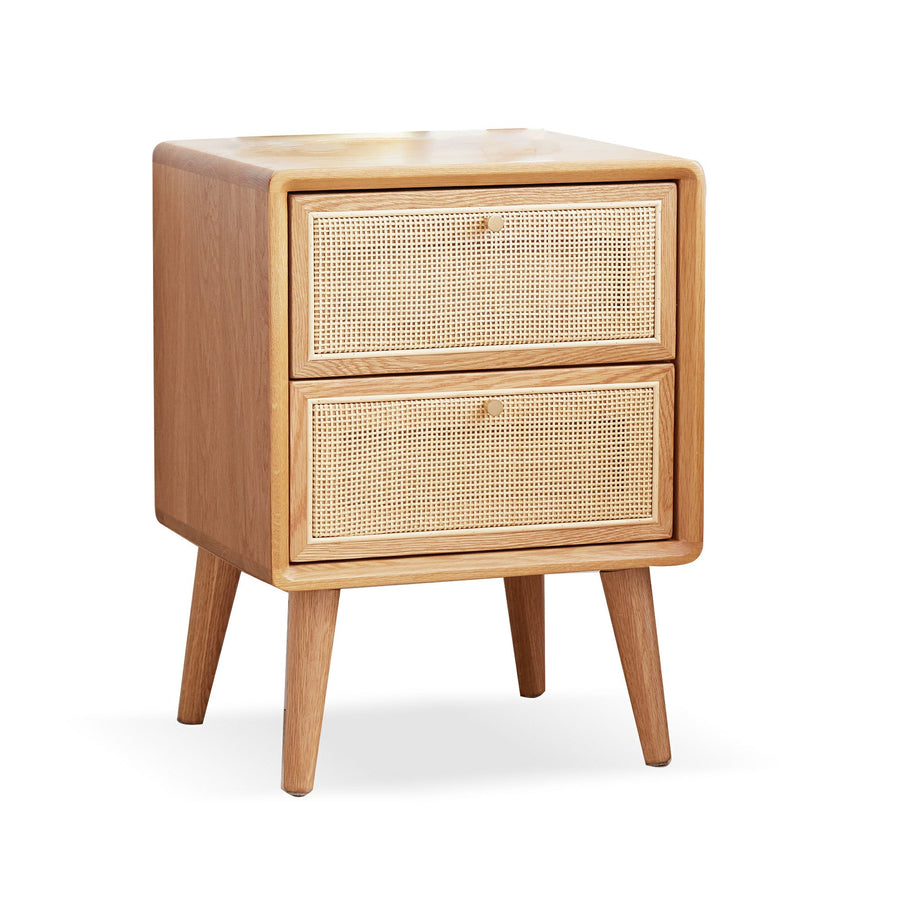 Pure Solid Wood Bedside Cabinet with Rattan Detail - Natural Wood