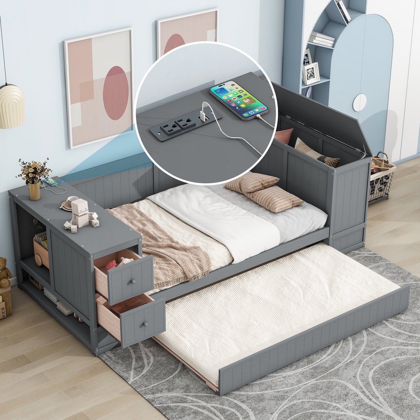 Twin Size Daybed with Storage Arms, Trundle and Charging Station