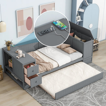 Twin Size Daybed with Storage Arms, Trundle and Charging Station