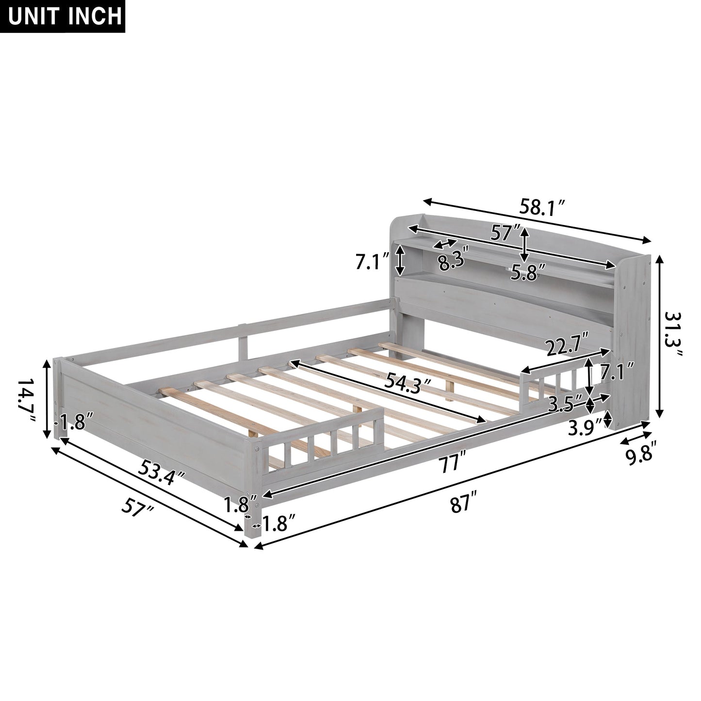 Wood Full Size Platform Bed With Built-in LED Light