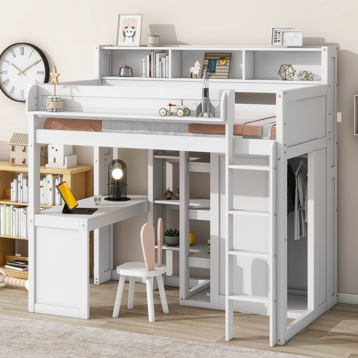 Wood Twin Size Loft Bed with Multiple Storage Shelves and Wardrobe