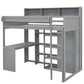 Wood Twin Size Loft Bed with Multiple Storage Shelves and Wardrobe