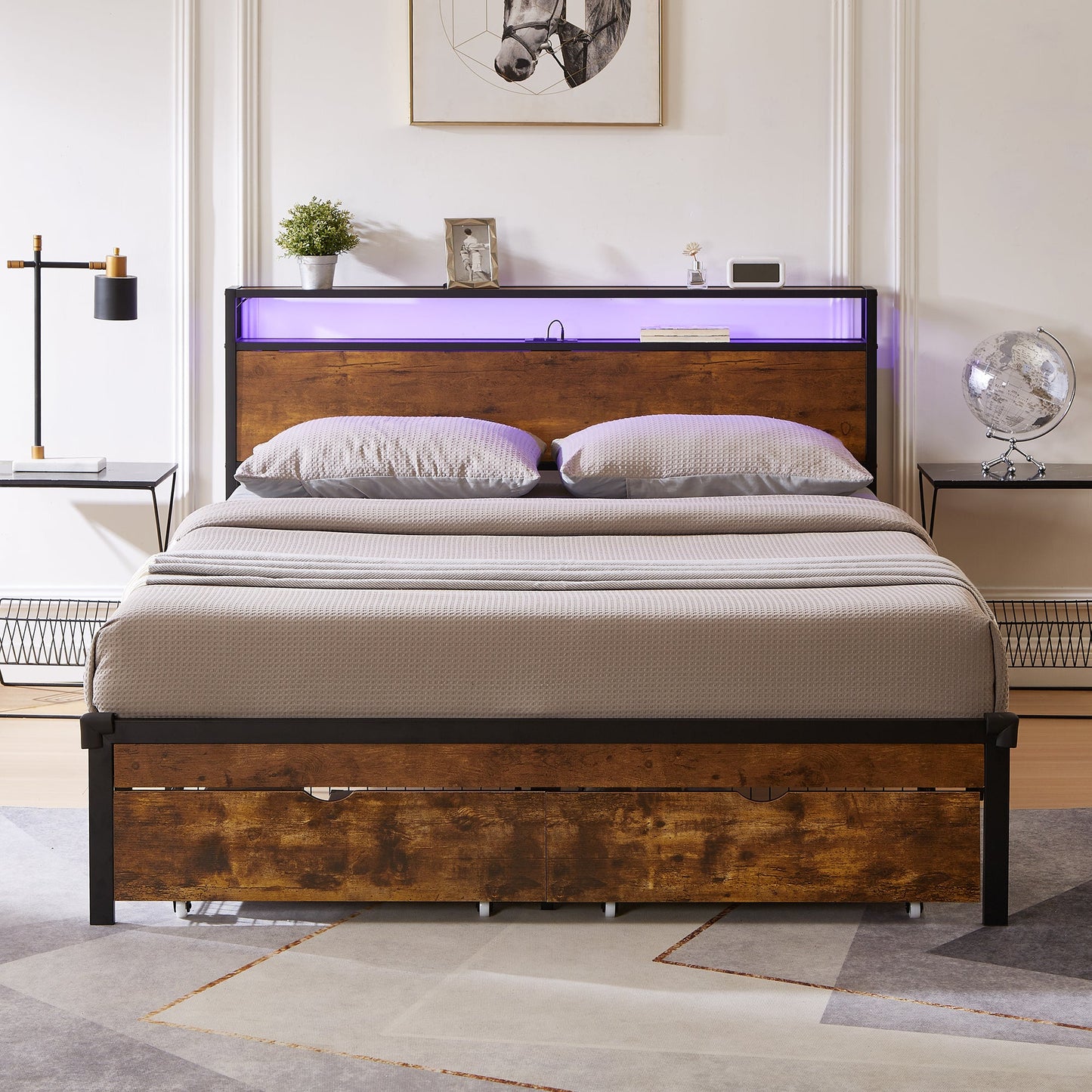 Queen Size Metal Platform Bed Frame with Wooden Headboard