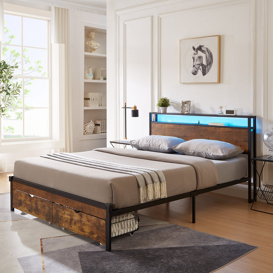 Queen Size Metal Platform Bed Frame with Wooden Headboard