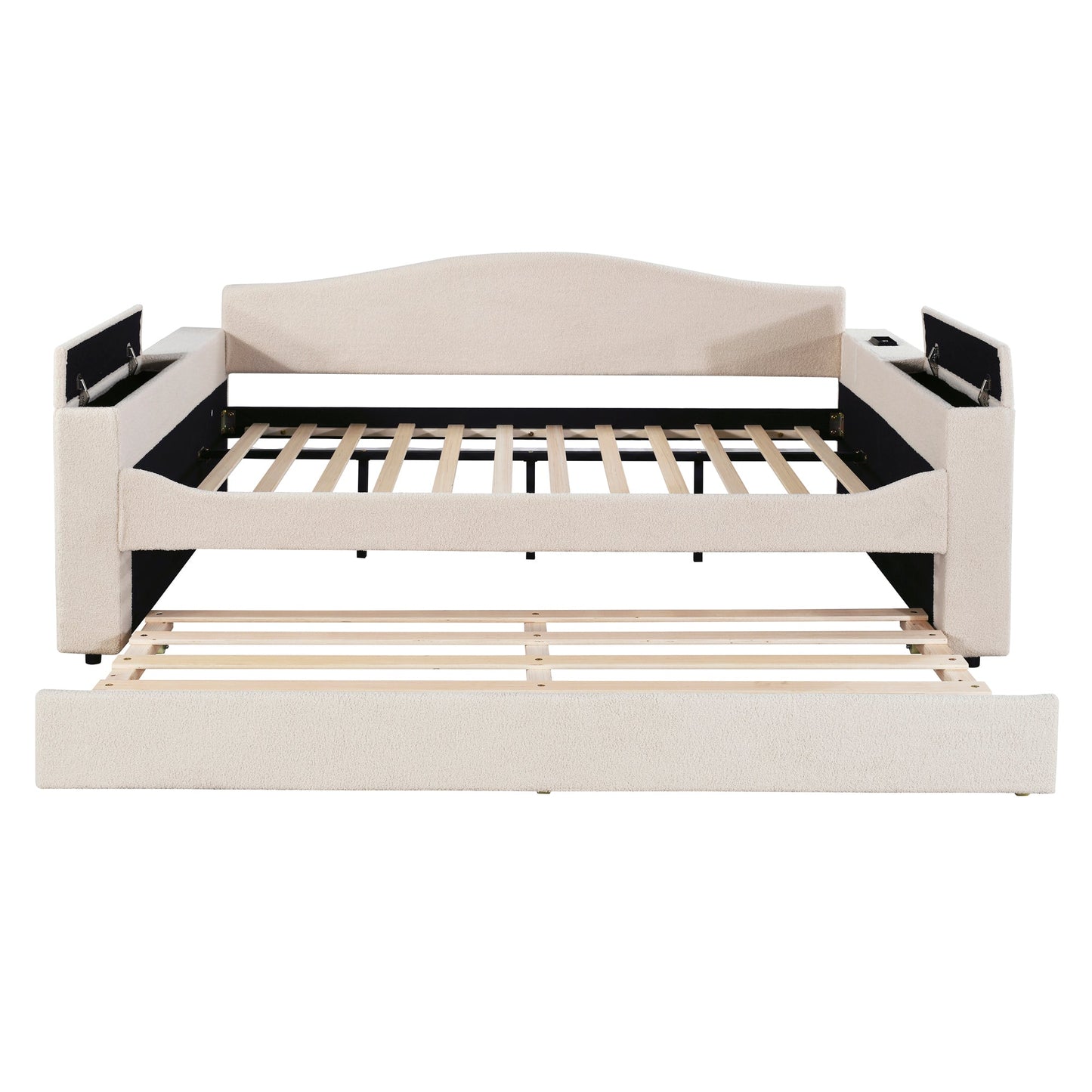 Full Size Upholstered Daybed with Storage Armrests and Trundle
