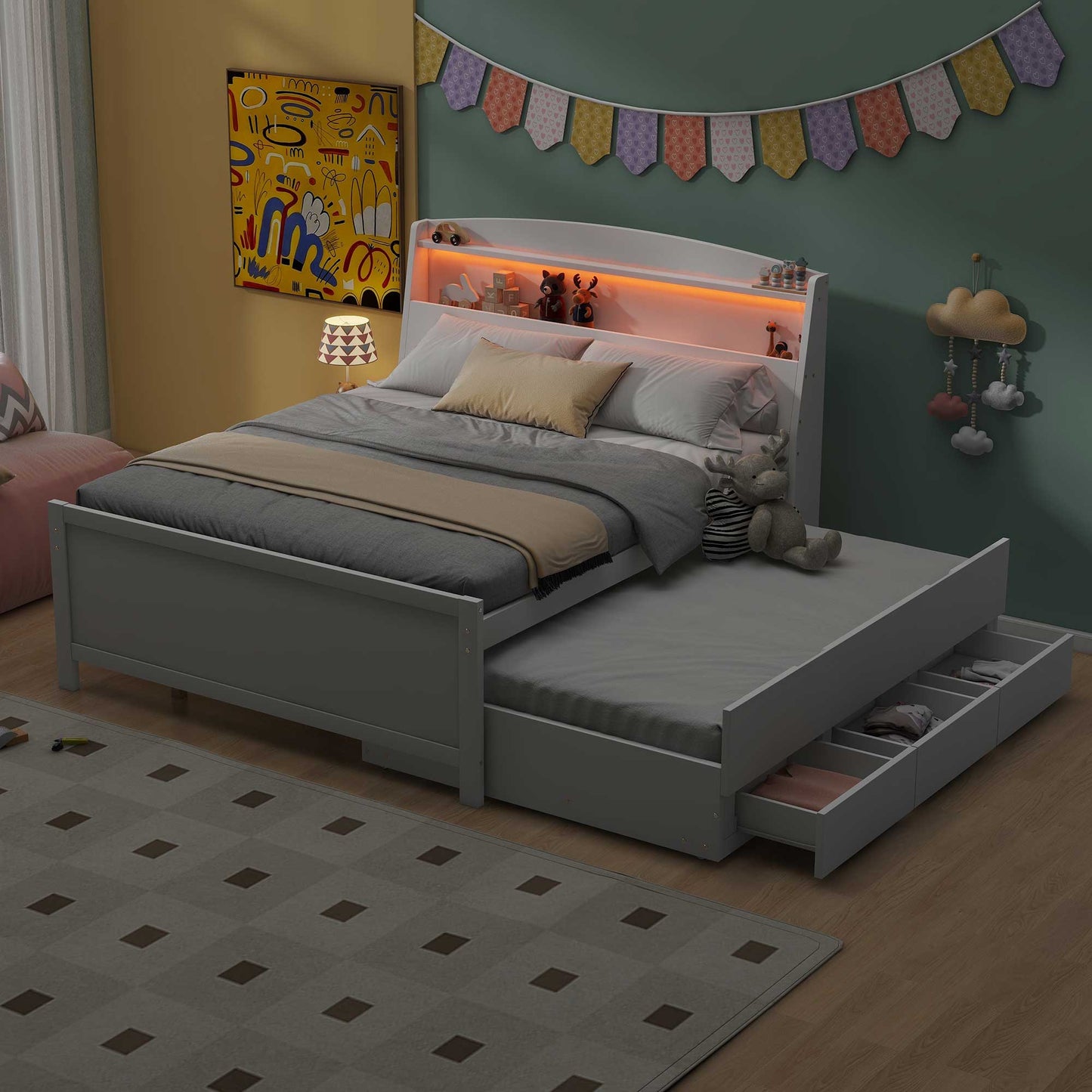 Full Size Platform Bed with Storage LED Headboard, Twin Size Trundle and 3 Drawers