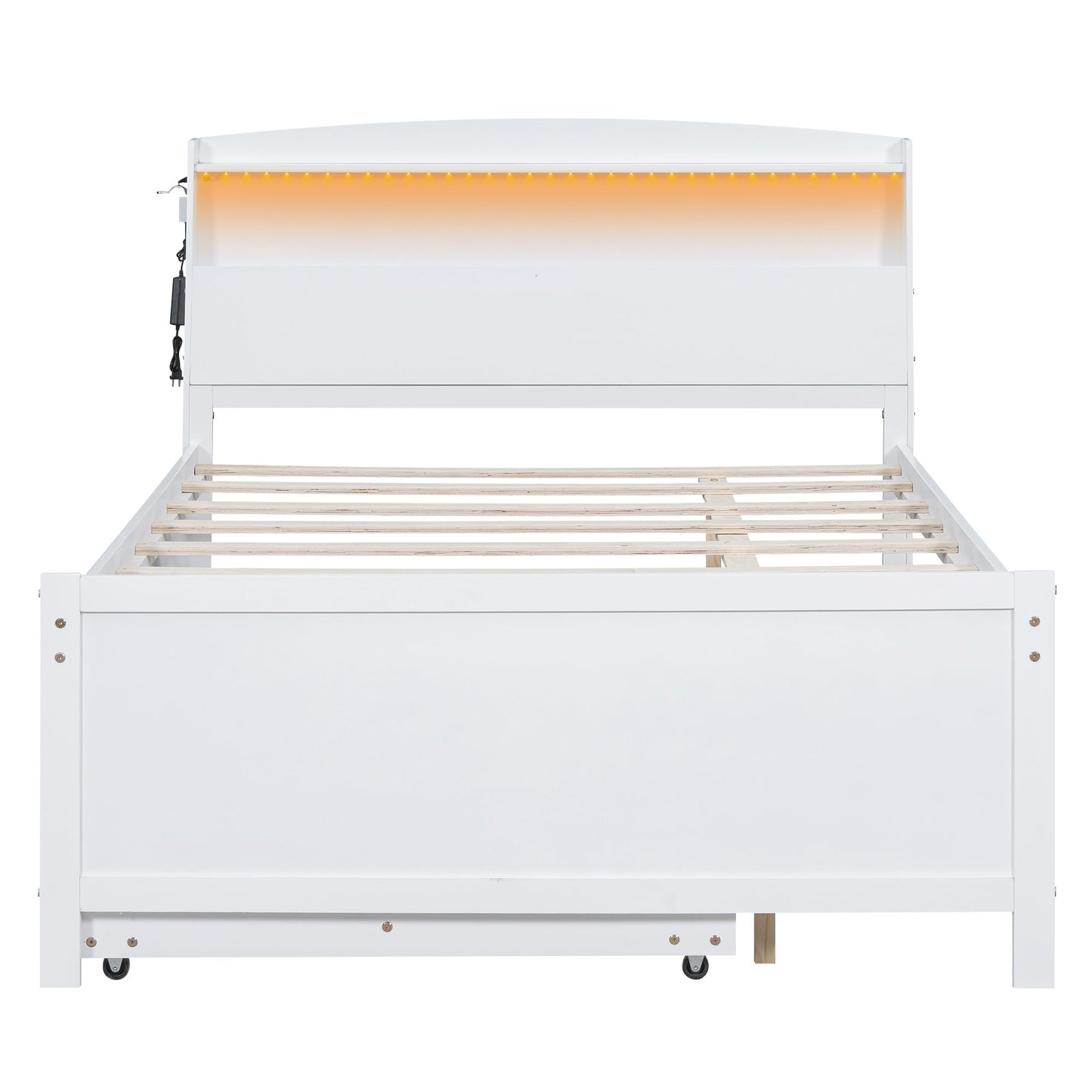 Full Size Platform Bed with Storage LED Headboard, Twin Size Trundle and 3 Drawers