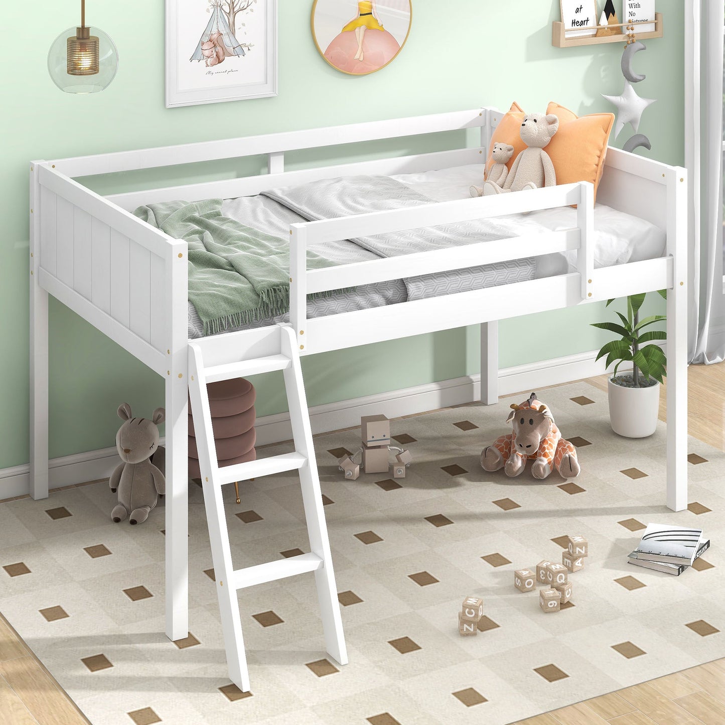 Twin Size Wood Low Loft Bed with Ladder
