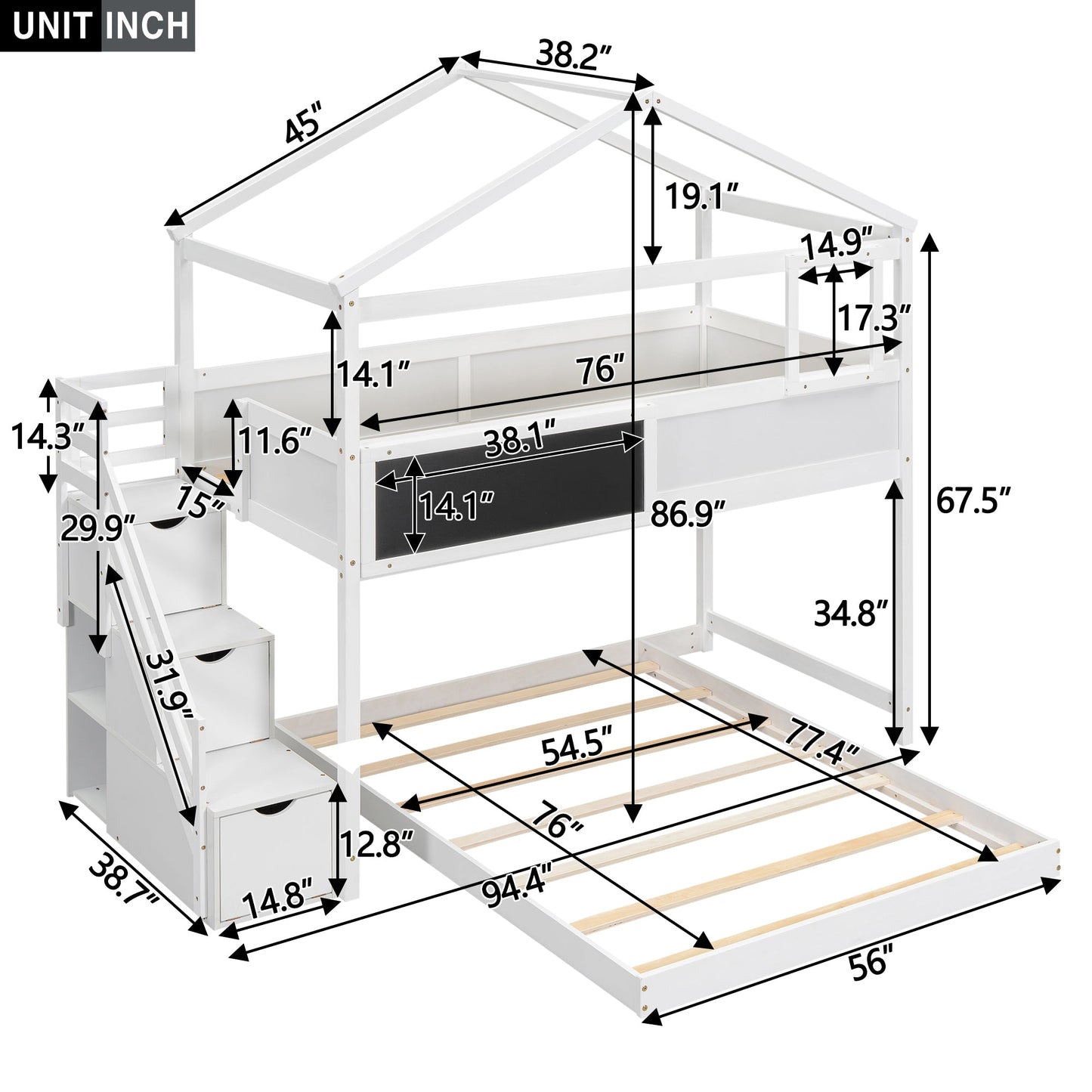 Twin Over Full House Bunk Bed with Storage Staircase
