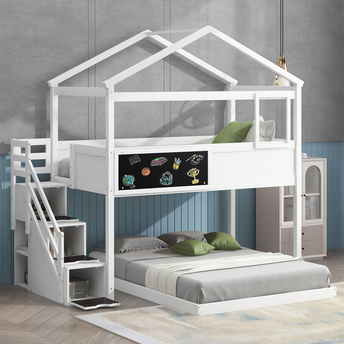 Twin Over Full House Bunk Bed with Storage Staircase
