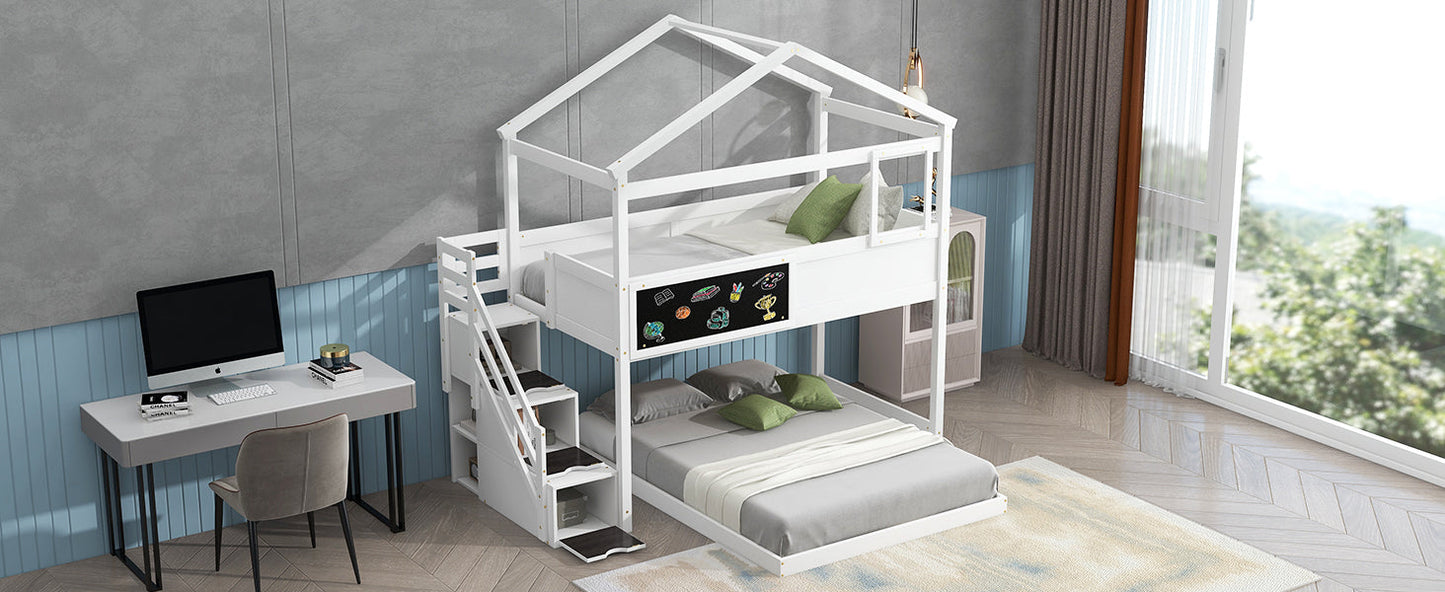 Twin Over Full House Bunk Bed with Storage Staircase