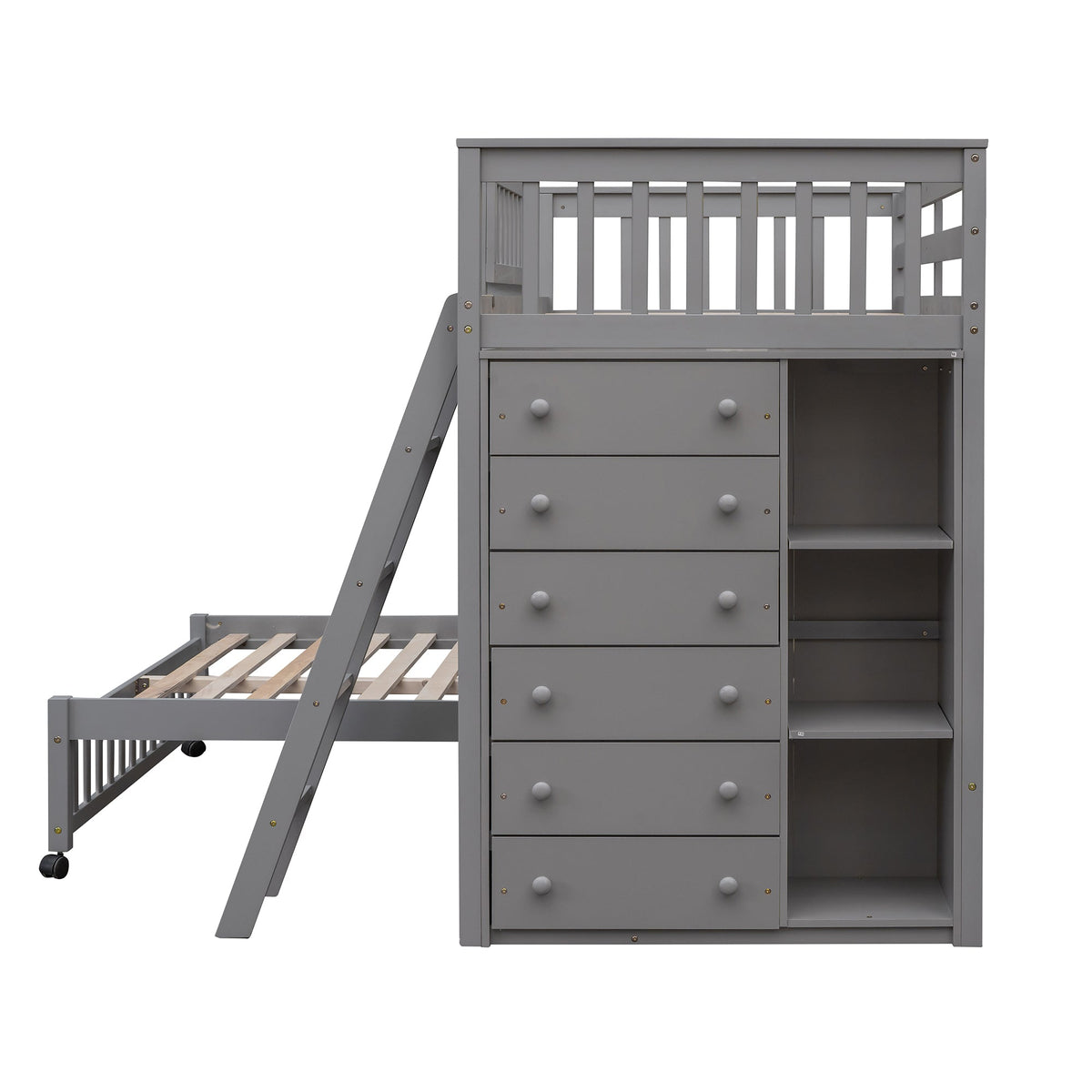 Wooden Twin Over Full Bunk Bed with Six Drawers and Flexible Shelves
