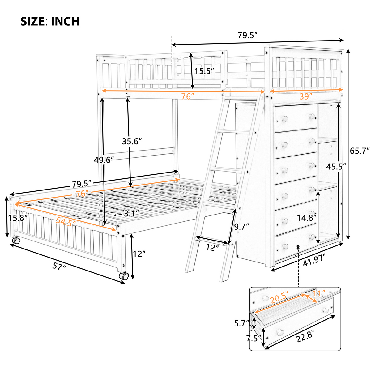 Wooden Twin Over Full Bunk Bed With Six Drawers