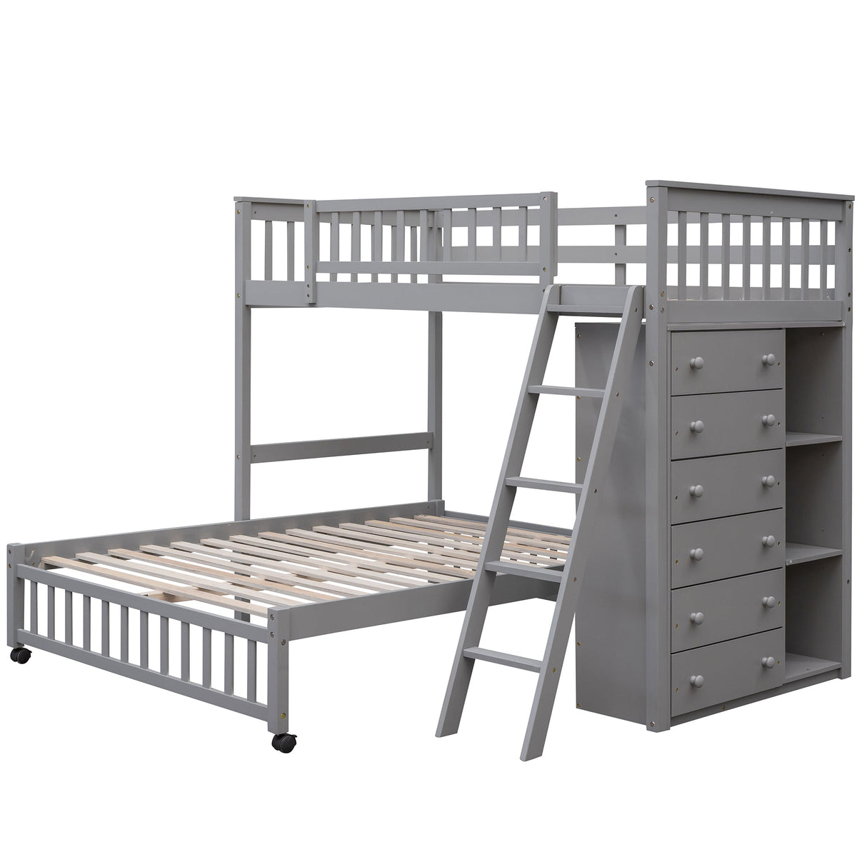 Wooden Twin Over Full Bunk Bed with Six Drawers and Flexible Shelves