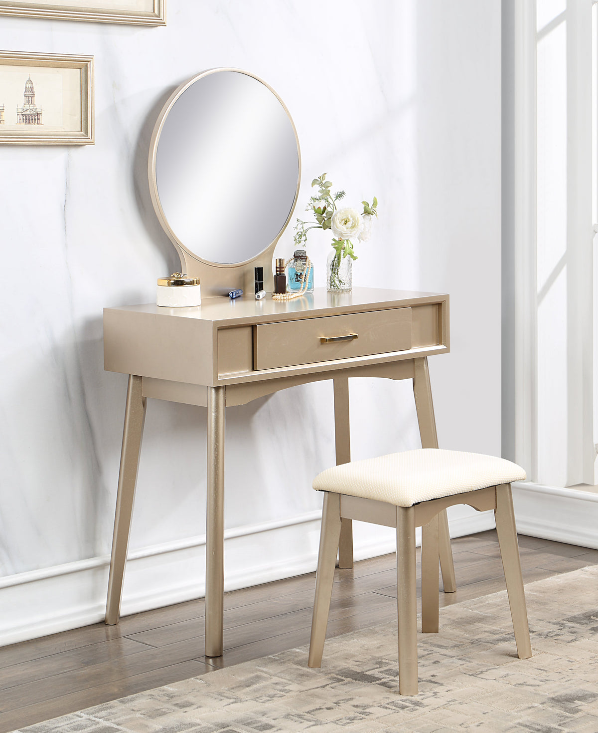 Maly Contemporary Wood Vanity and Stool Set