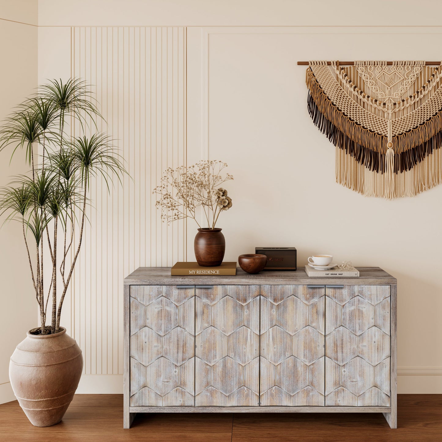 Farmhouse Style 4 Door Wooden Accent Cabinet