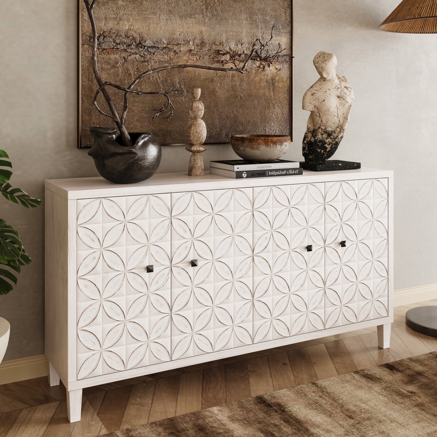 Accent Cabinet 4 Door Wooden Cabinet Sideboard Buffet Server
