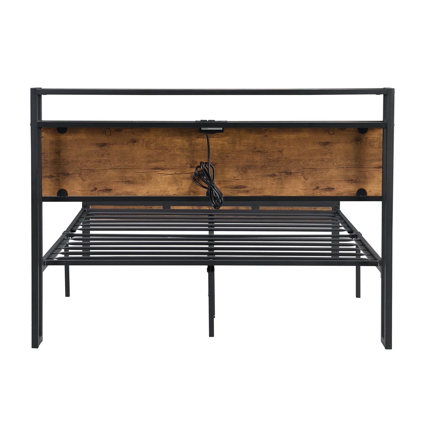 Full Size Metal Platform Bed Frame with Wooden Headboard