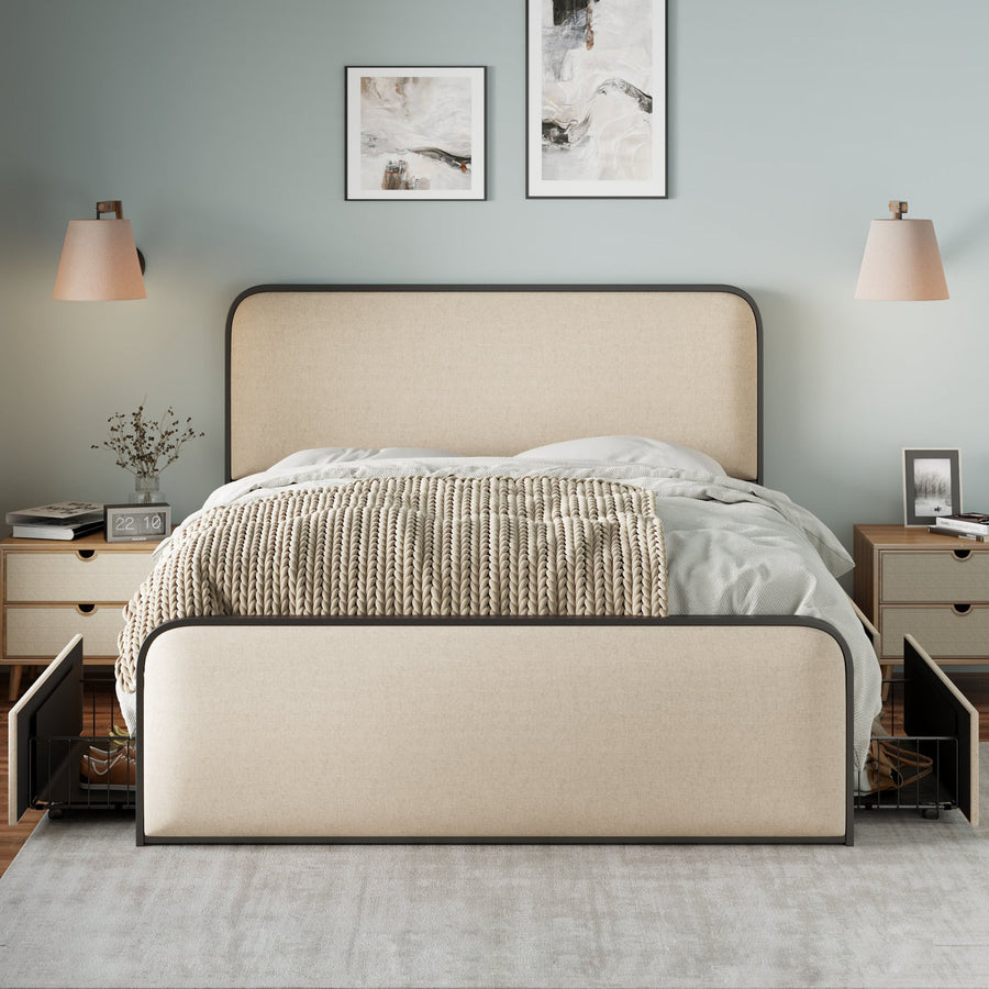 Modern Metal Bed Frame with Curved Upholstered Headboard