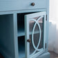 Stylish Blue Desk with Drawers and Glass Front Cabinet