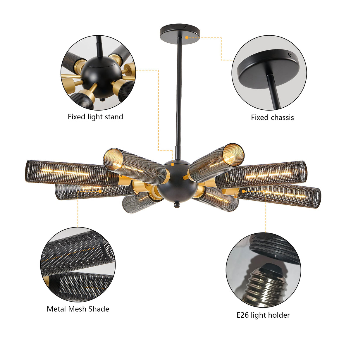 34" Modern Industrial Sputnik Chandelier, 8-Light