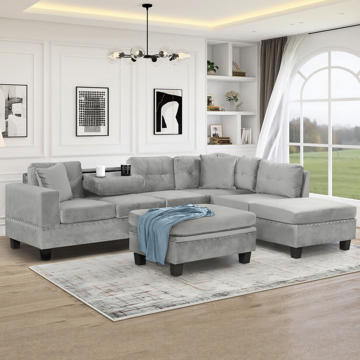 Modern Sectional Sofa With Storage Ottoman, L - Shape Couch With 2 Pillows And Cup Holders - view 4