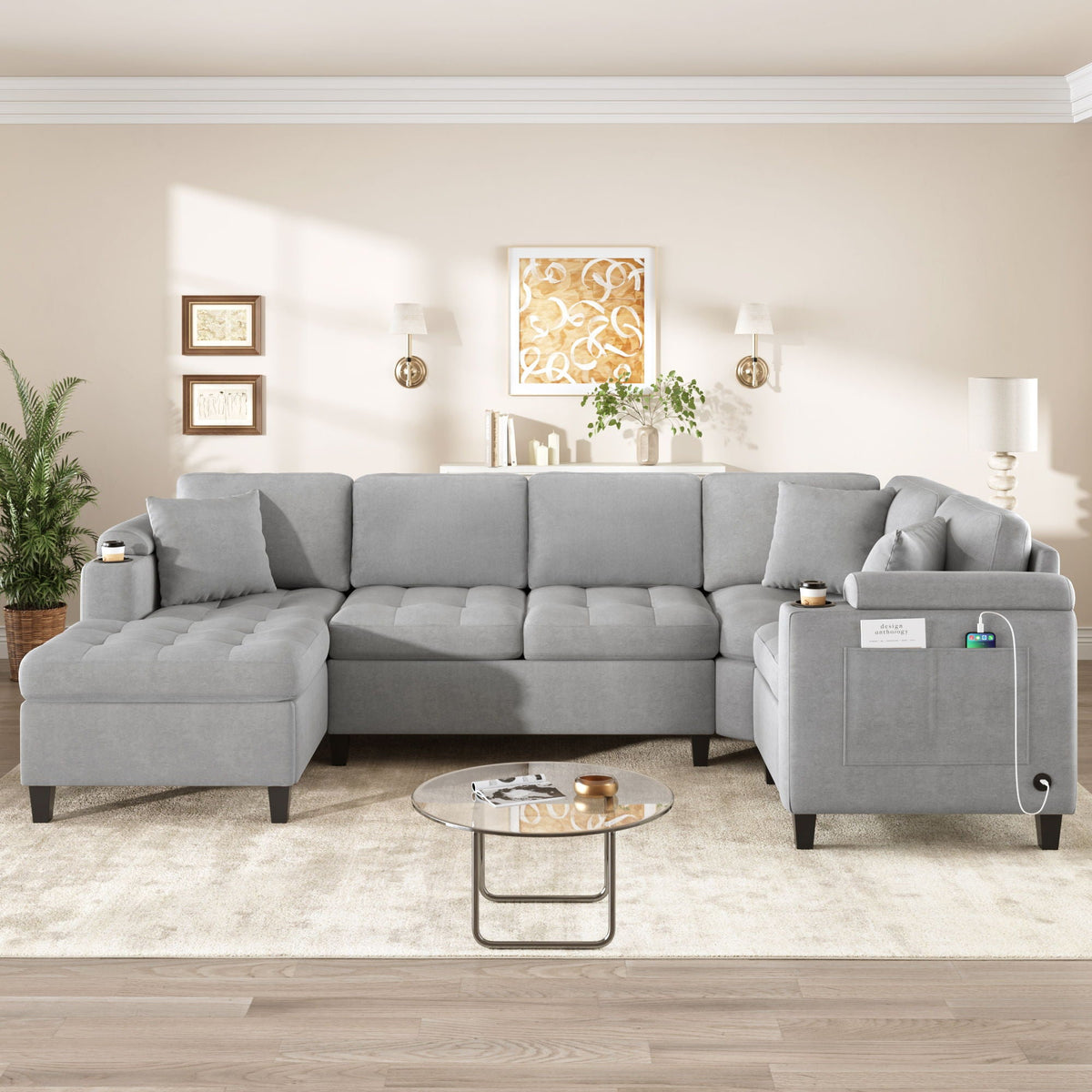U Shaped Sectional Sofa, Corner Living Room Couch With Built In Cup Holders, Storage, USB Ports - view 6