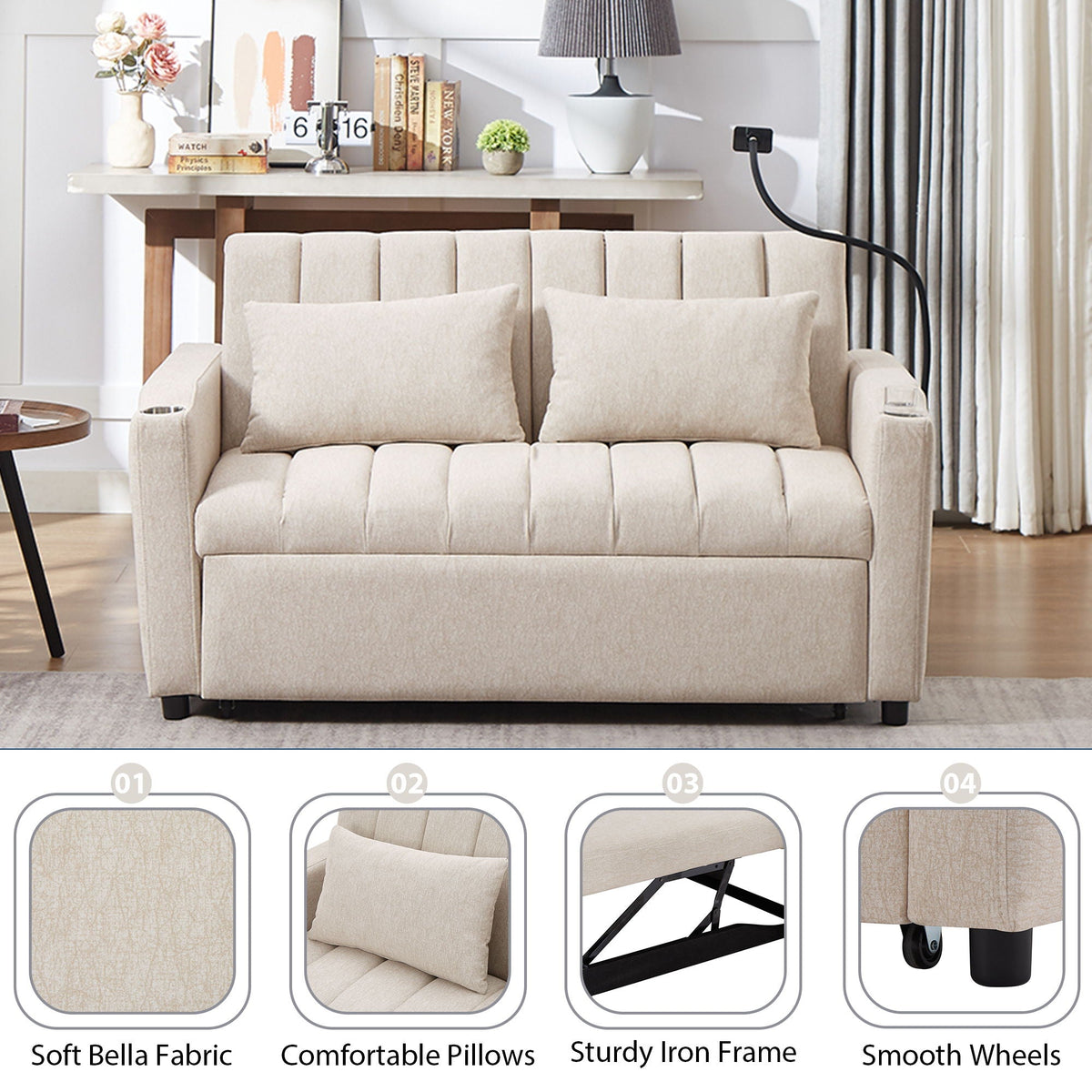 Convertible Sofa Bed Loveseat Sofa With Three USB Ports, Two Side Pockets, Two Cup Holders And 360° swivel - view 5