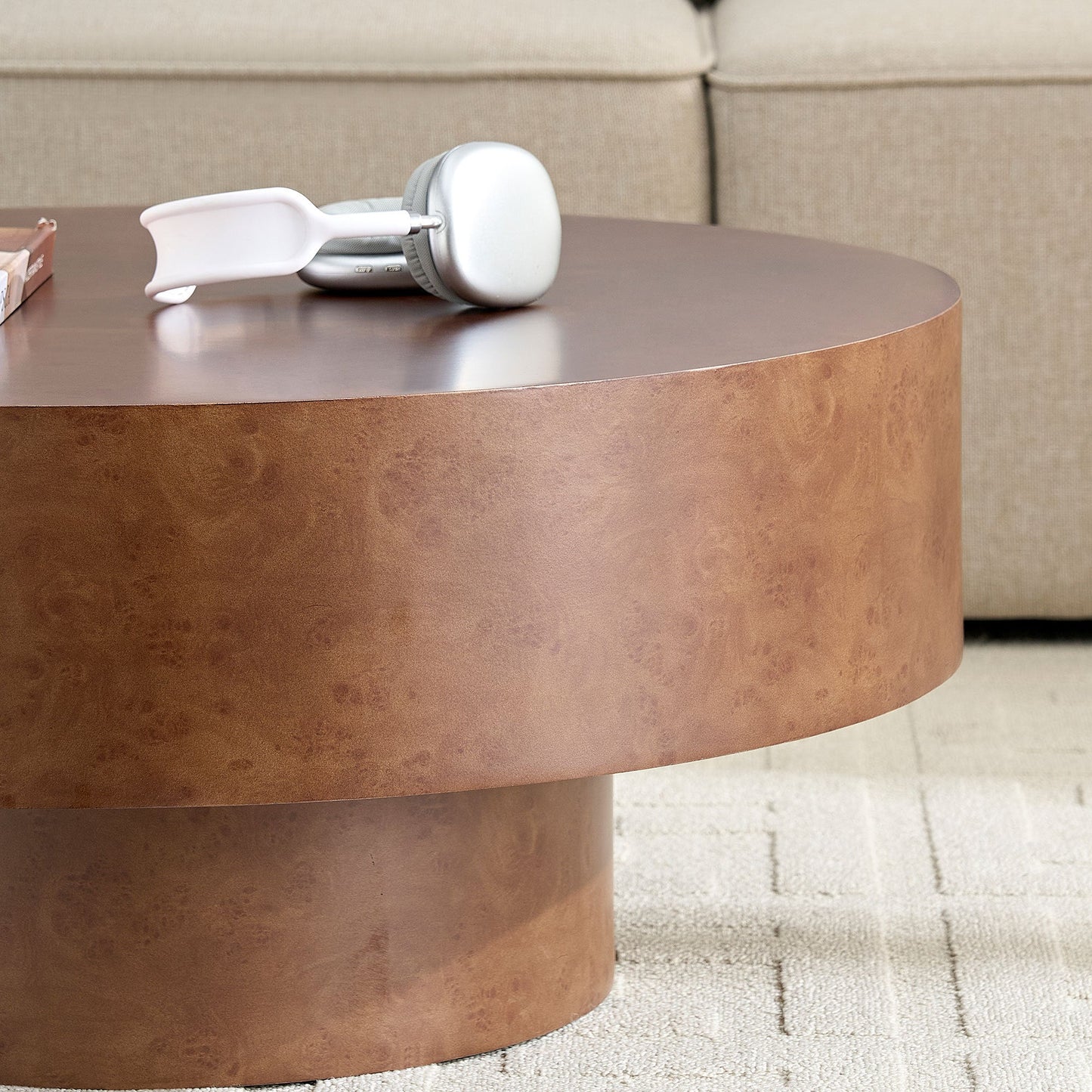31.49'' Faux Burl Wood Pattern Round Coffee Table with Sturdy Pedestal