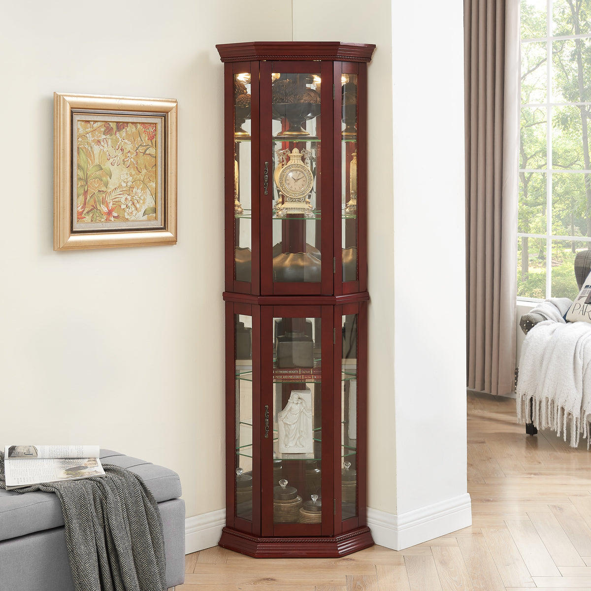 Corner Curio Cabinet with Lights and Adjustable Tempered Glass Shelves