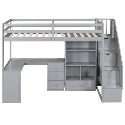 Loft Bed With L Shaped Desk, Drawers, Cabinet, And Storage Staircase