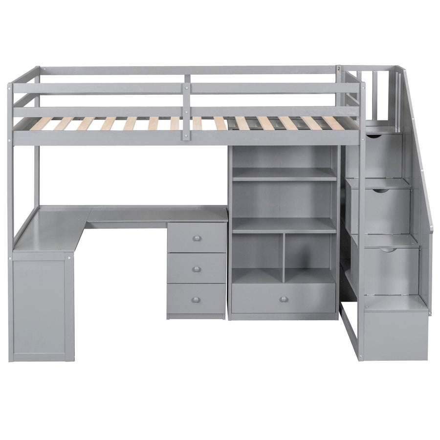 Loft Bed With L Shaped Desk, Drawers, Cabinet, And Storage Staircase