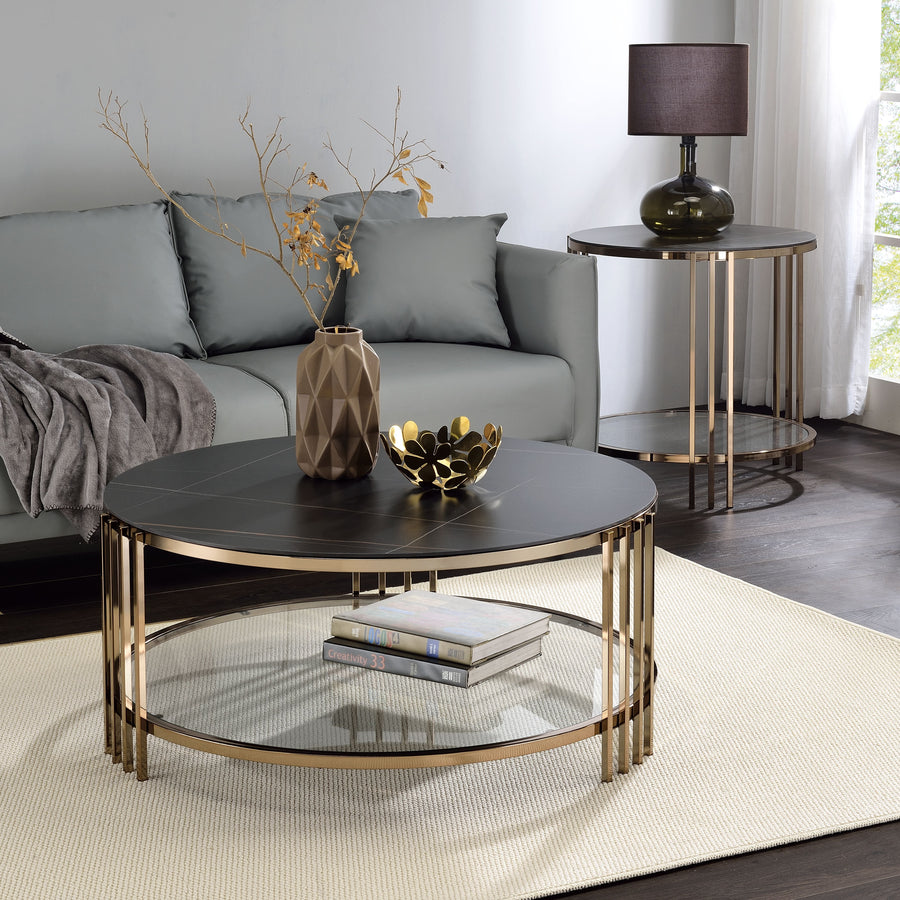Abisha Sintered Stone Top & Champagne Finish Round Coffee Table