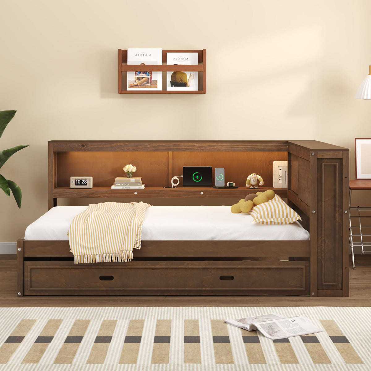 Full Size Wood Daybed with Storage Shelves, USB, LED, and Trundle