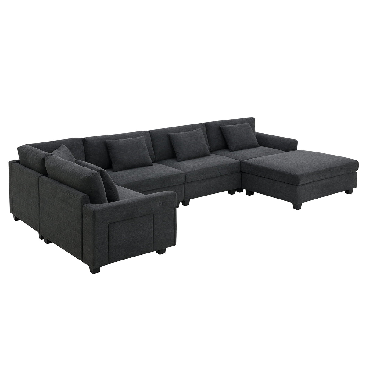 U Shaped Sectional Sofa 6 Seat Couch Set With Oversized Ottoman, Hidden Armrest Storage And Cup Holders USB