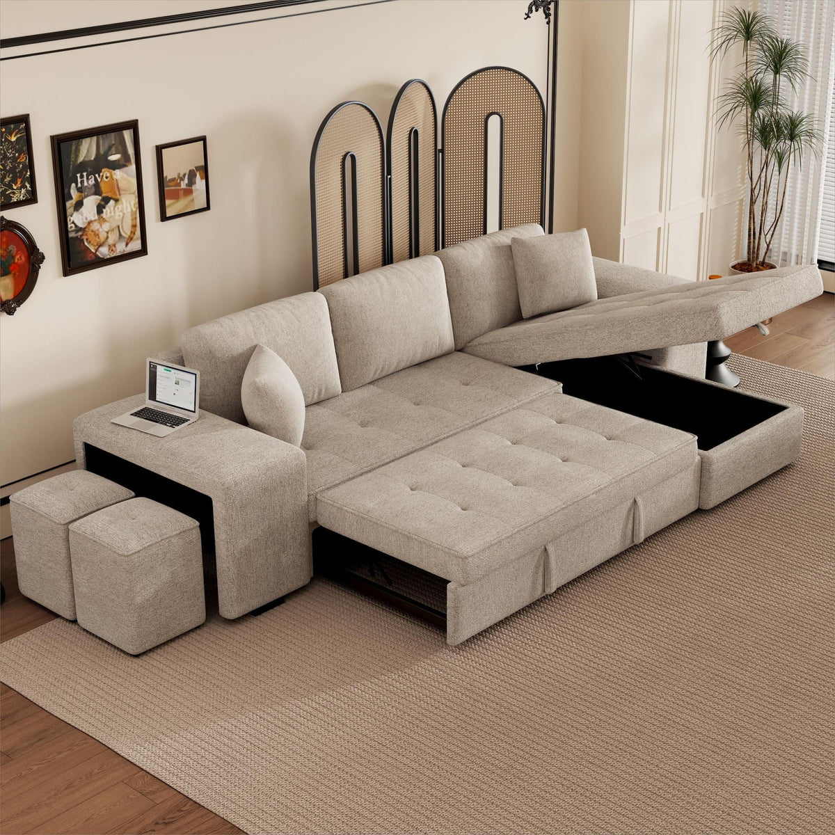 Modern L-Shape 3 Seat Reversible Sectional Couch, Pull Out Sleeper Sofa With Storage Chaise And 2 Stools For - view 5