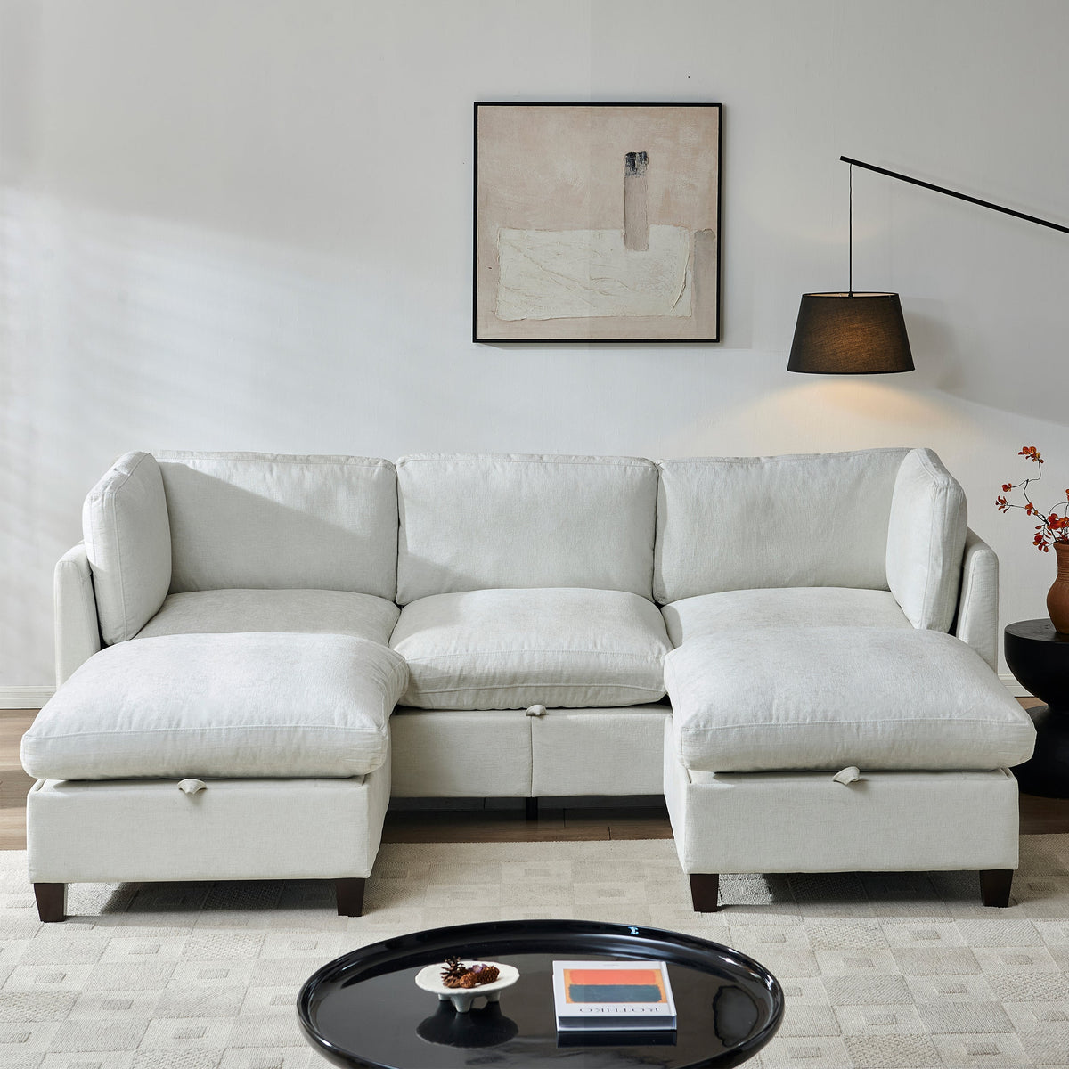 U Shape Chenille Sectional Couch with Storage - 96.5" Sofa