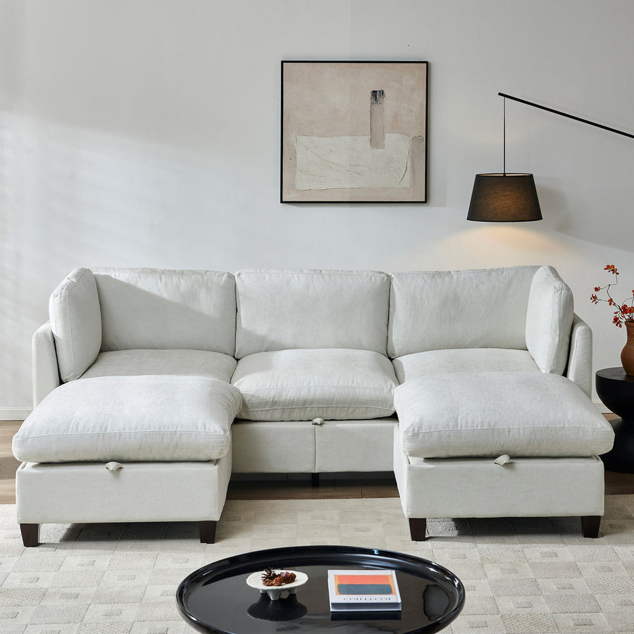 U Shape Chenille Sectional Couch with Storage - 96.5" Sofa
