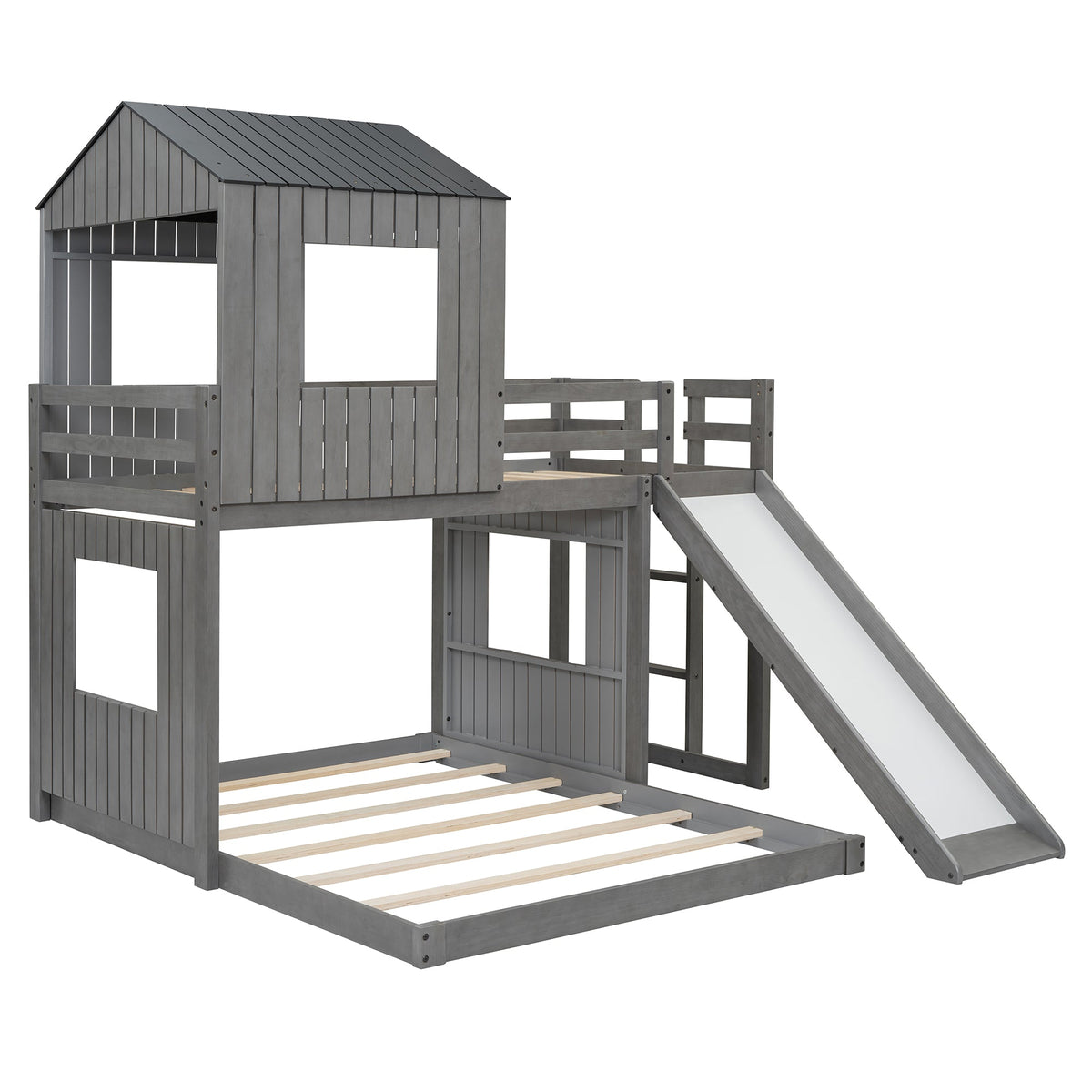 Wooden Twin Over Full Bunk Bed with Playhouse