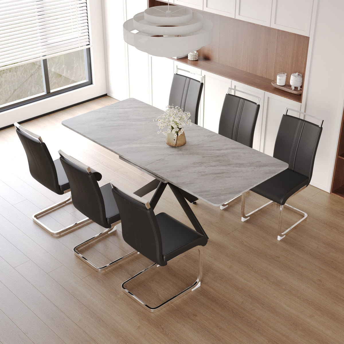 Modern Extendable Dining Table Set For 6 - 8 - Black / Gray - view 4