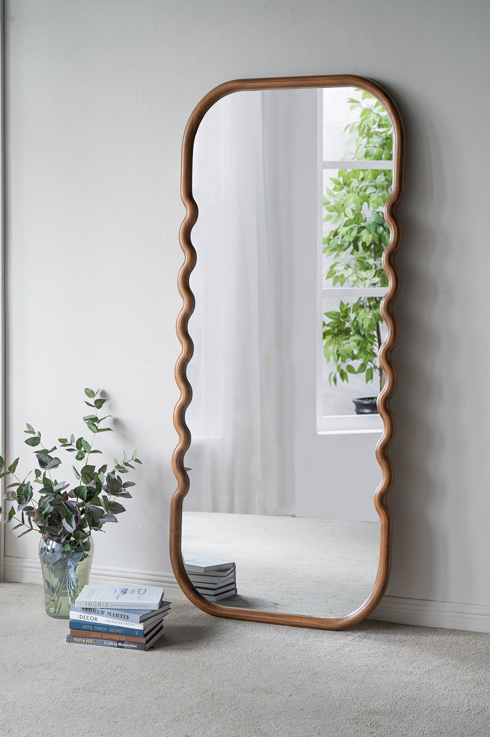 Oversized Wooden Floor Mirror with Unique Design