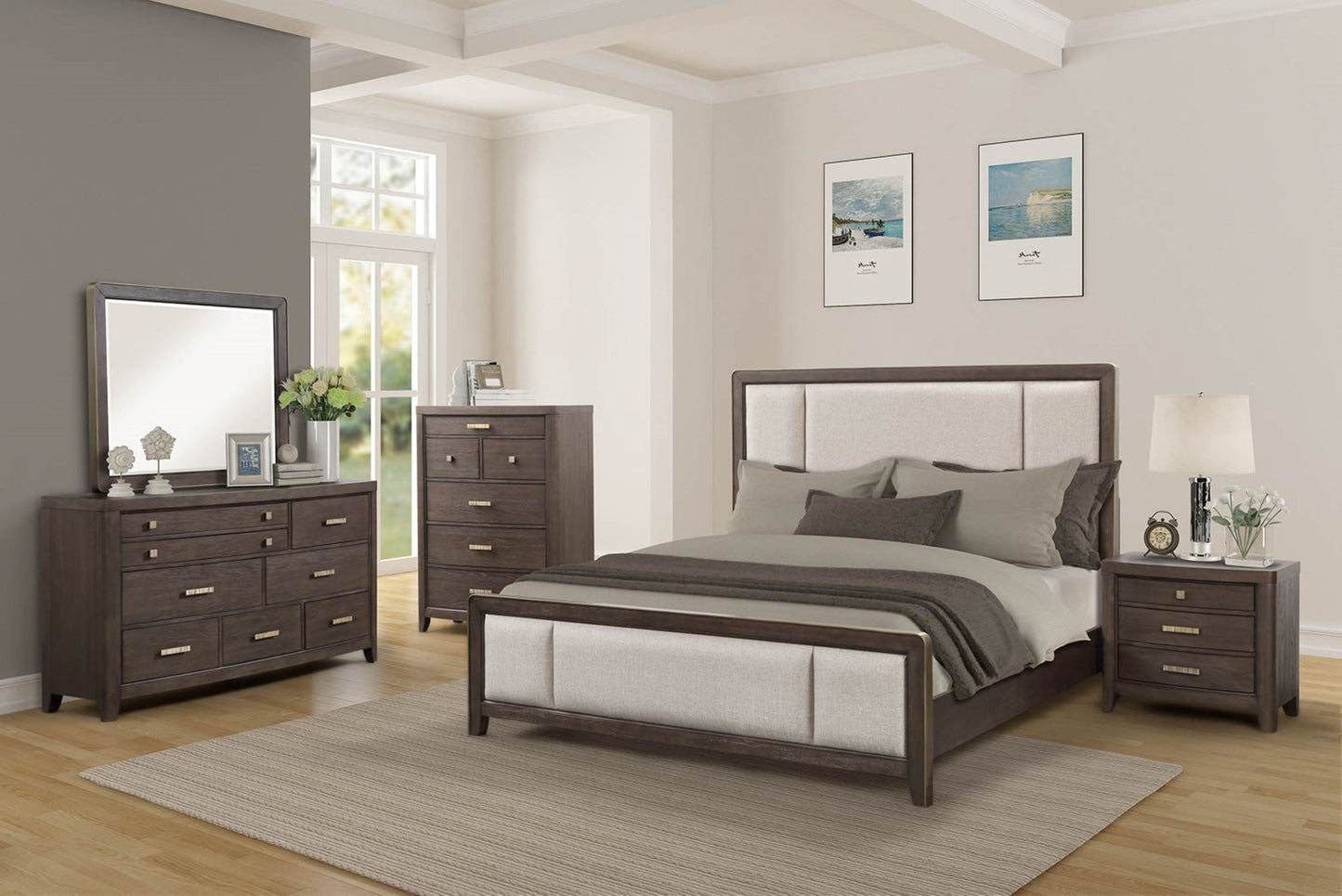 King Upholstered Headboard & Footboard Antique