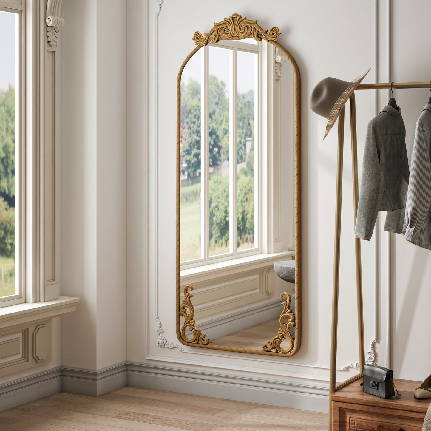 58"x24" Arched Full Body Mirror with Vintage Ornate Carved Applique