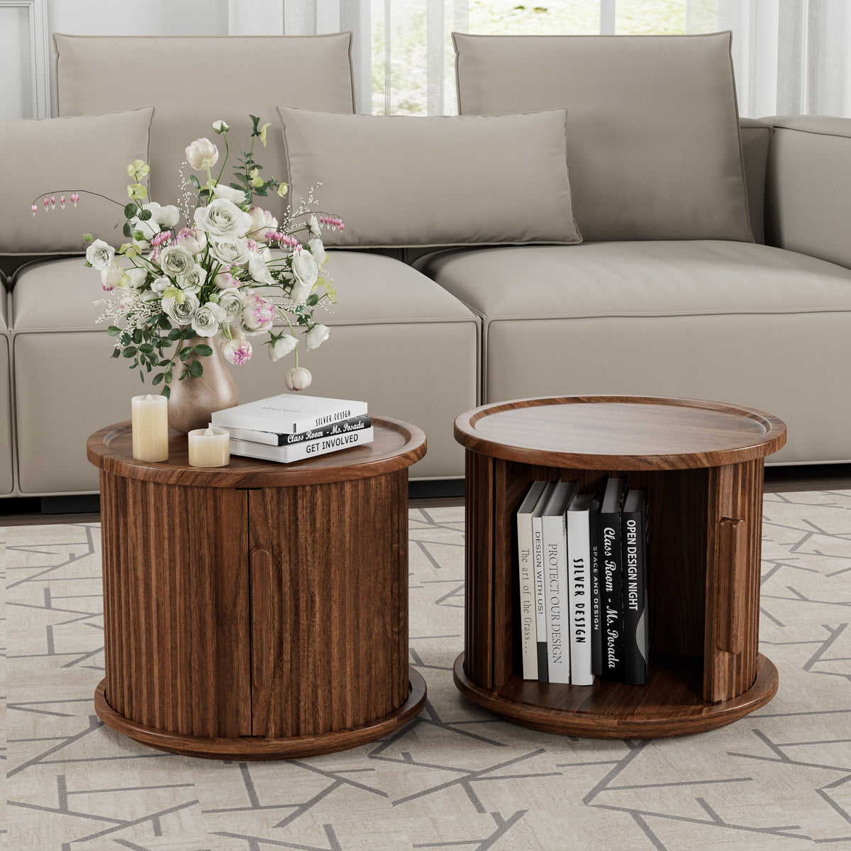 2-Piece Round Coffee Table Set with Sliding Door Storage - Walnut